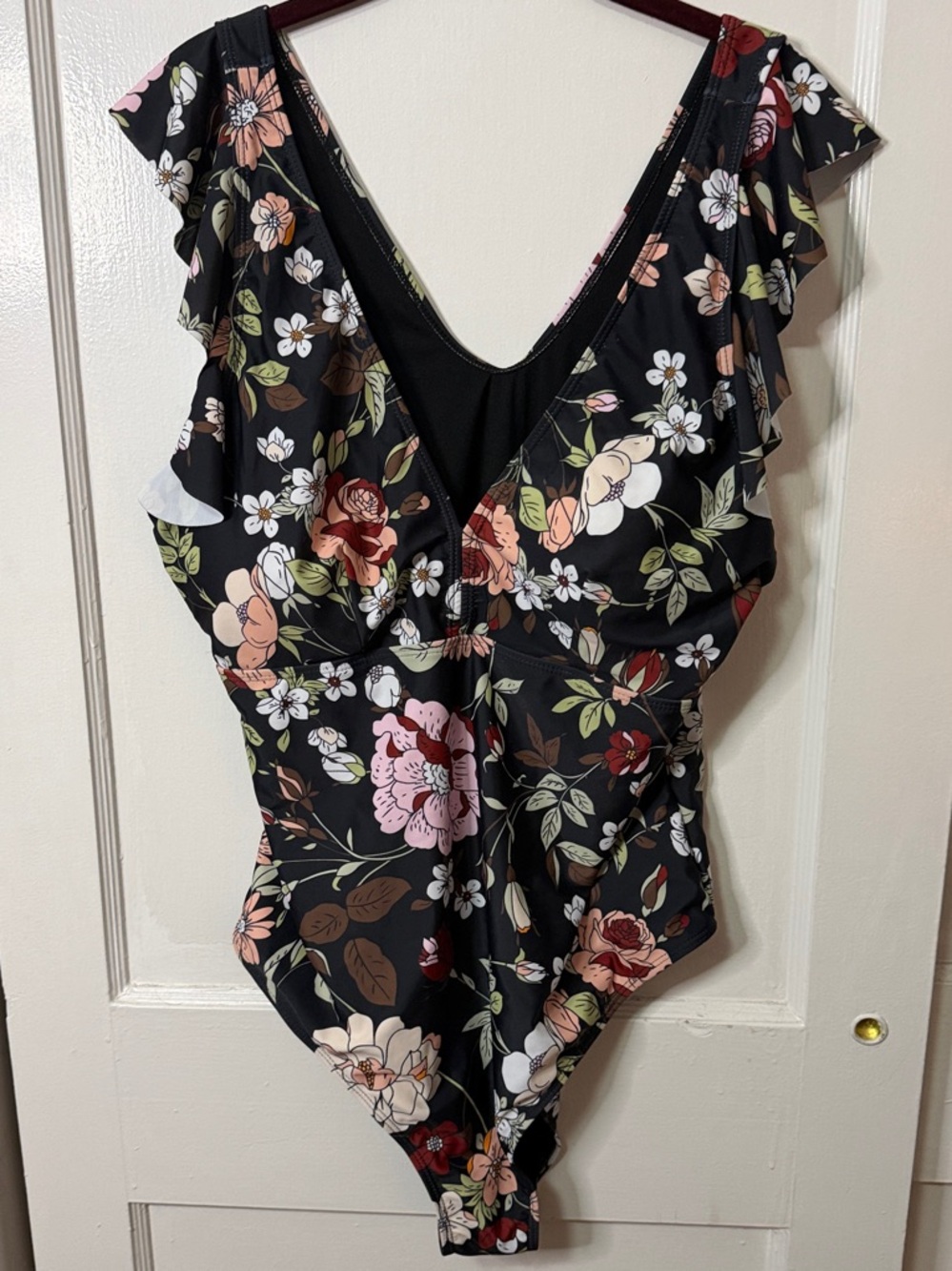 Women's Black Floral Ruffle One-Piece Swimsuit